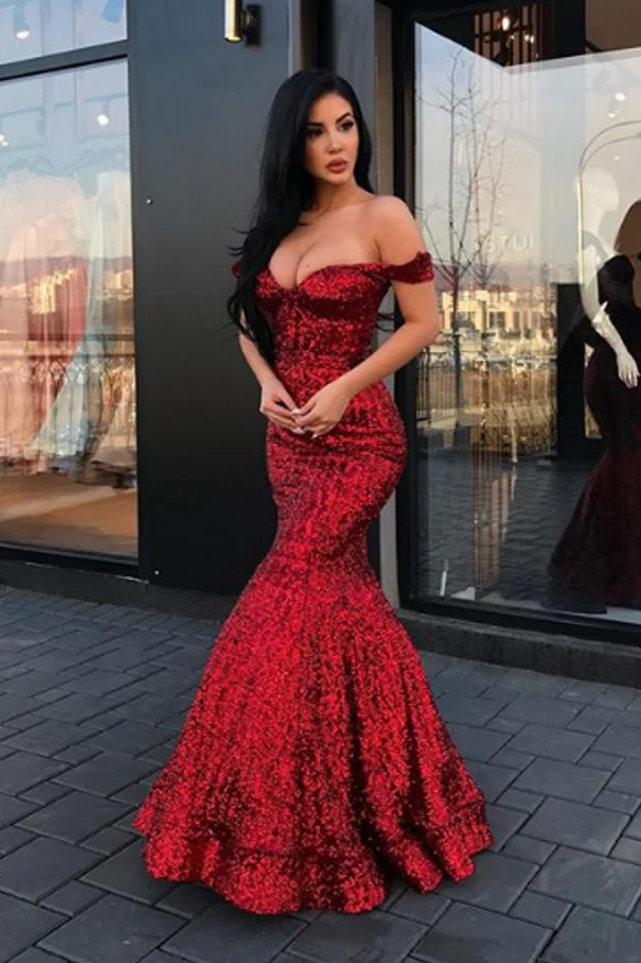 New Arrival Mermaid Charming Sequined Evening Dresses Off-The-Shoulder Floor Length Prom Dresses - Image 2