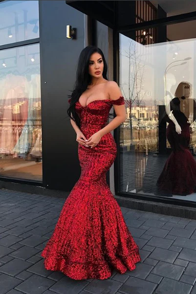 New Arrival Mermaid Charming Sequined Evening Dresses Off-The-Shoulder Floor Length Prom Dresses - Image 3