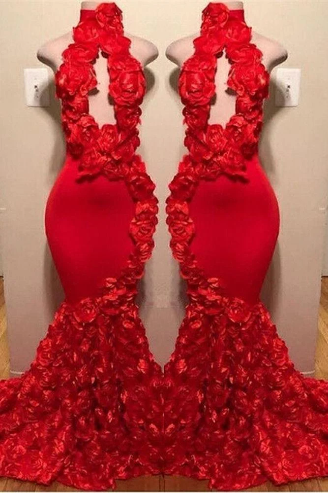 New Arrival Red Keyhole Mermaid Flowers Halter Sleeveless Long Prom Dresses - Image 2