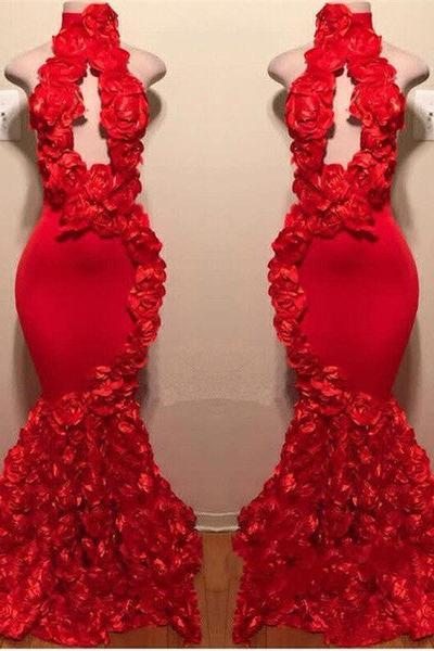 New Arrival Red Keyhole Mermaid Flowers Halter Sleeveless Long Prom Dresses - Image 3