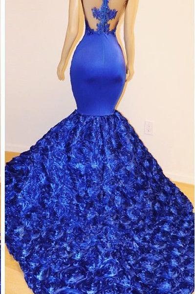 New Arrival Royal-Blue Flowers Mermaid Sleeveless With lace Appliques Prom Dresses - Image 3