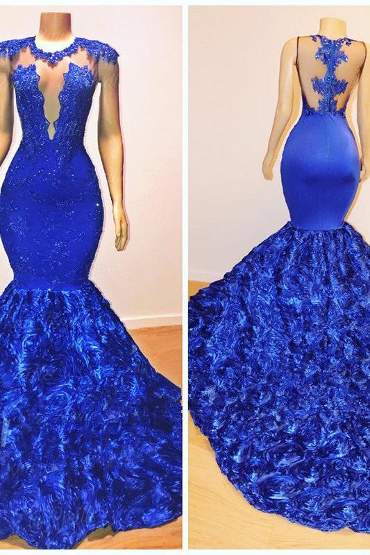 New Arrival Royal-Blue Flowers Mermaid Sleeveless With lace Appliques Prom Dresses - Image 4