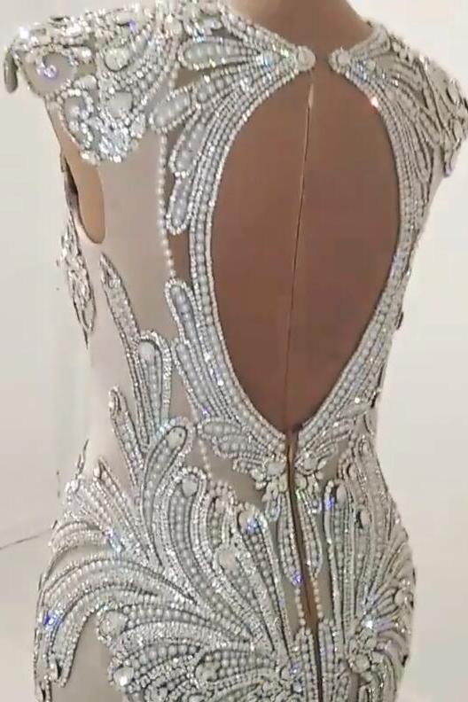 New Arrival V Neck Cap Sleeve Beads Crystals Mermaid Wedding Dress Lace Applique - Image 2