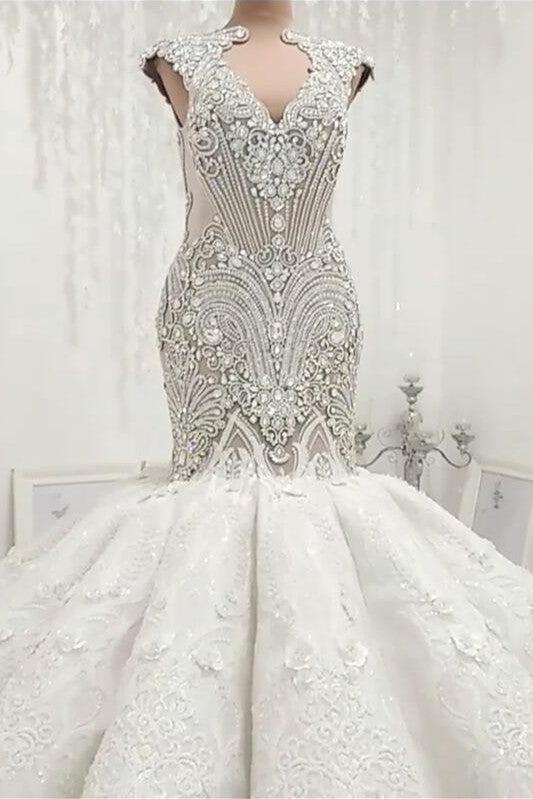 New Arrival V Neck Cap Sleeve Beads Crystals Mermaid Wedding Dress Lace Applique - Image 4