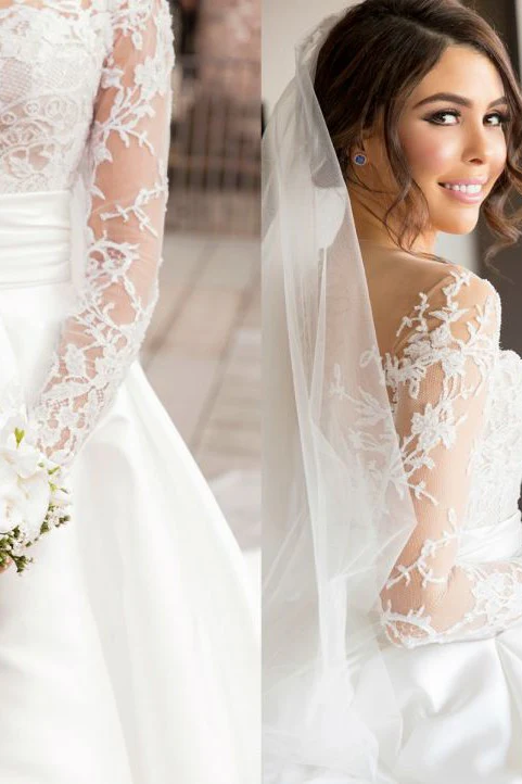 New Full Lace Split Wedding Dresses Illusion Back Bridal Gowns with Detachable Satin Skirt - Image 3