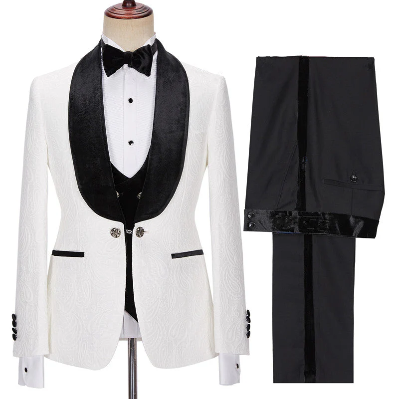 New in White Jacquard Three Pieces Wedding Men Suits with Velvet Lapel - Image 3