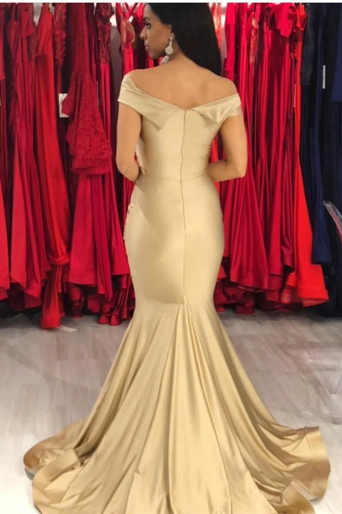 New Off-the-Shoulder Stretch Satin Plicated V-neck Floor Length Prom Dresses Mermaid Sleeveless Champagne Evening Gowns - Image 2