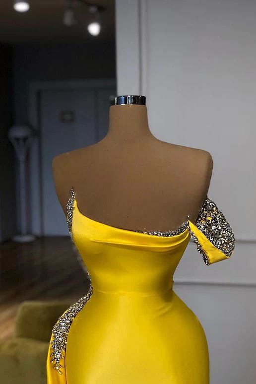 New One shoulder Bright Yellow Mentallic Sequins Overskirt Prom Dress - Image 2