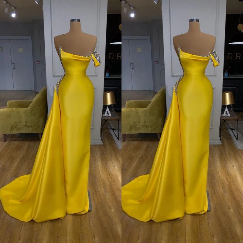 New One shoulder Bright Yellow Mentallic Sequins Overskirt Prom Dress - Image 3