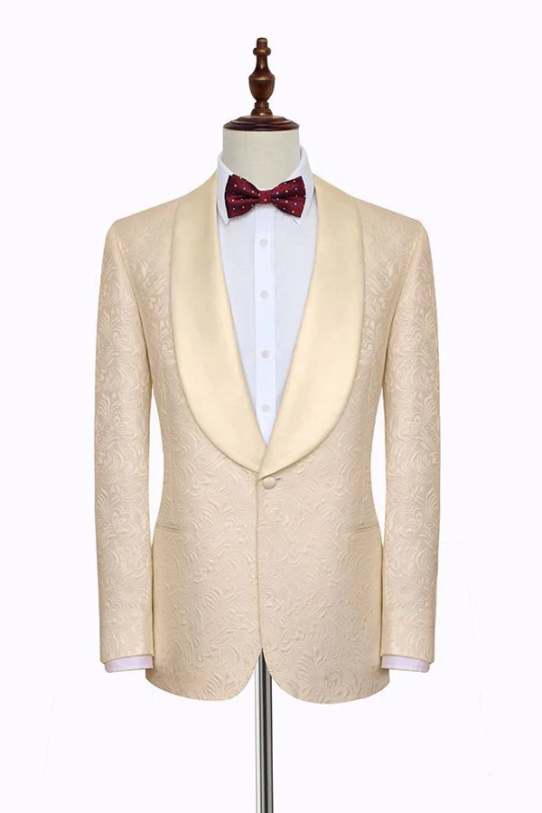 Noble Champagne Jacquard Wedding Tuxedos for Groom Silk Shawl Lapel Prom Suits - Image 3