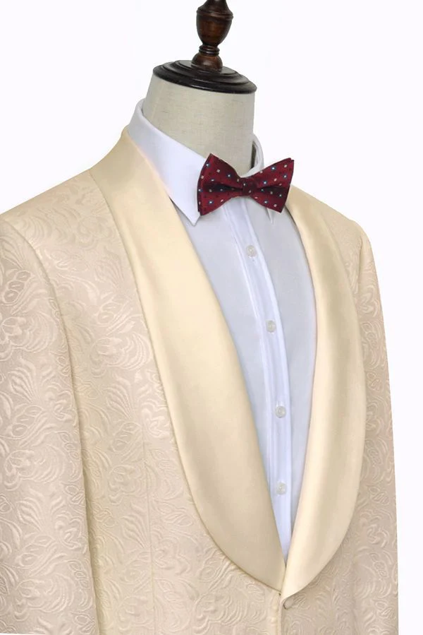 Noble Champagne Jacquard Wedding Tuxedos for Groom Silk Shawl Lapel Prom Suits - Image 4