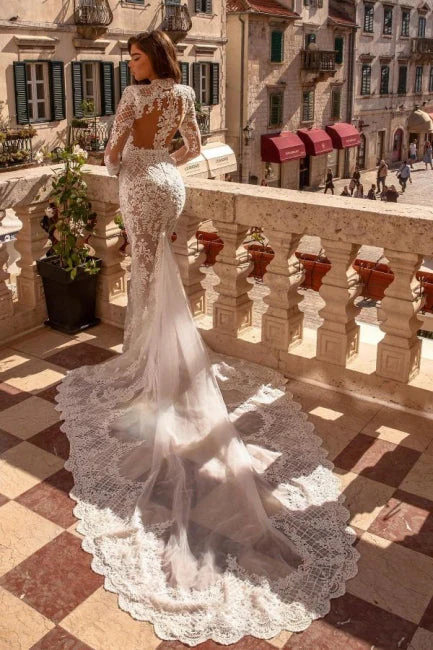 Noble highneck longsleeves mermaid lace Wedding Dresses - Image 2