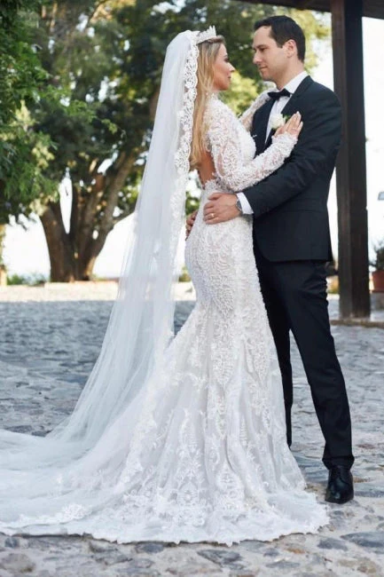 Noble vneck longsleeves mermaid lace Wedding Dresses - Image 2