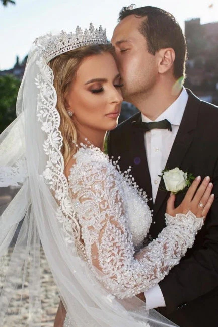 Noble vneck longsleeves mermaid lace Wedding Dresses - Image 3