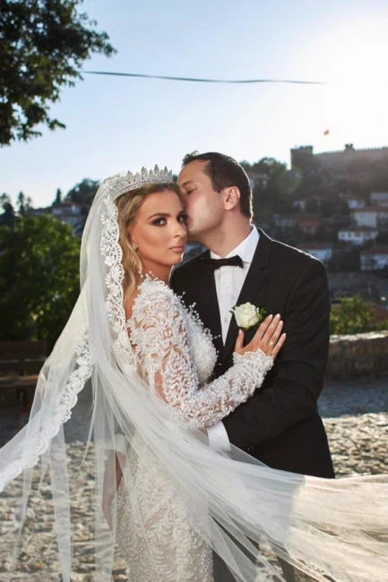 Noble vneck longsleeves mermaid lace Wedding Dresses - Image 4