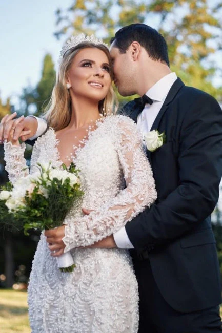 Noble vneck longsleeves mermaid lace Wedding Dresses - Image 5