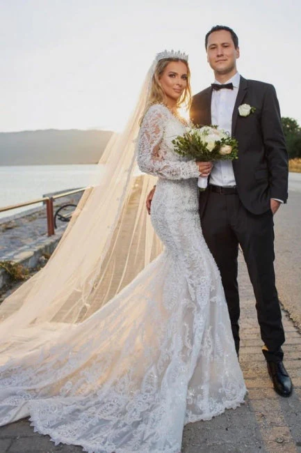 Noble vneck longsleeves mermaid lace Wedding Dresses - Image 6