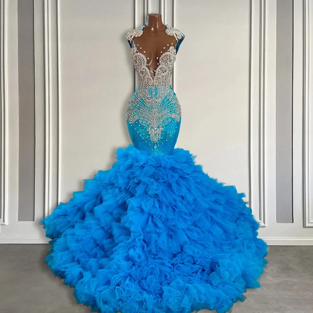 Ocean Blue Mermaid Tulle Ruffle Prom Dress Long With Beadings - Image 2