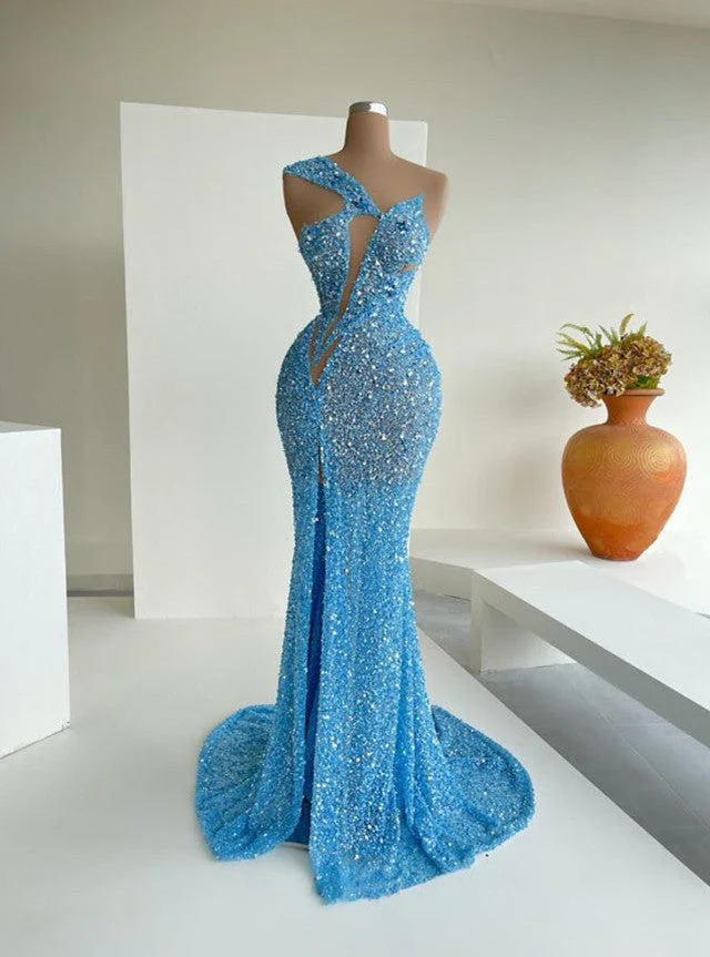 Ocean Blue Sequins One-Shoulder Mermaid Long Prom Dress With Split - Image 2