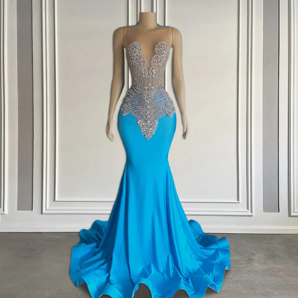 Ocean blue sleeveless mermaid prom dress with long beadings - Image 2