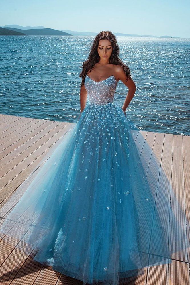 Ocean Blue Strapless Sparkle Beads Tulle Princess Prom Party Gowns - Image 2