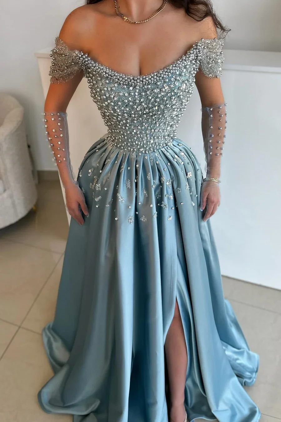 Off the shoudler Pearls Dusty Blue A-line Floor length Prom Dresses - Image 2