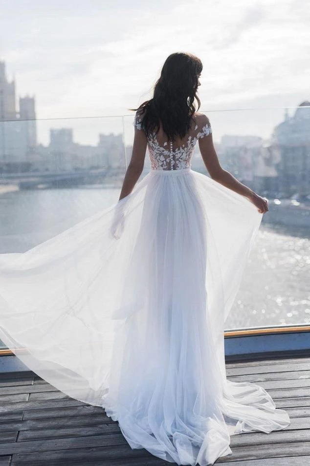 Off The Shoulder Appliques A line Wedding Dresses Side Split Tulle Bridal Gowns - Image 2