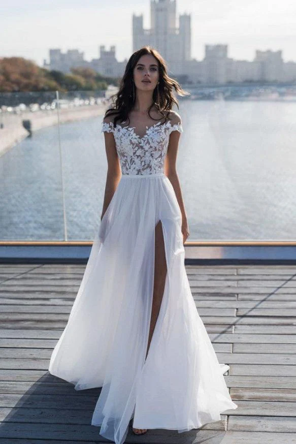 Off The Shoulder Appliques A line Wedding Dresses Side Split Tulle Bridal Gowns - Image 3