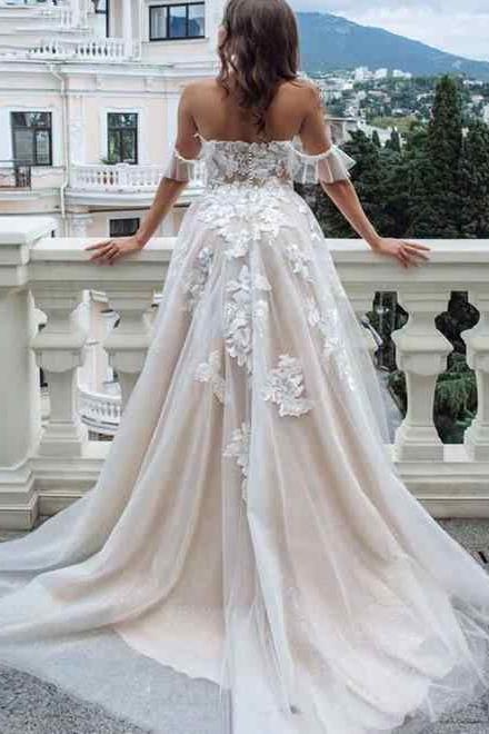 Off The Shoulder Appliques Wedding Dresses A line Tulle Bridal Gowns - Image 2