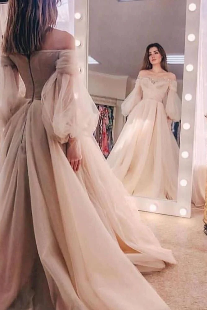Off the shoulder Beads puff sleeve Tulle Ball Gown Evening Dress - Image 2