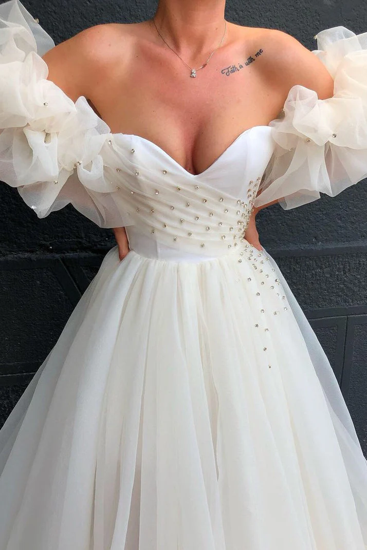 Off-the-Shoulder Bubble Sleeves Tulle Evening Gowns With Crystals - Image 2