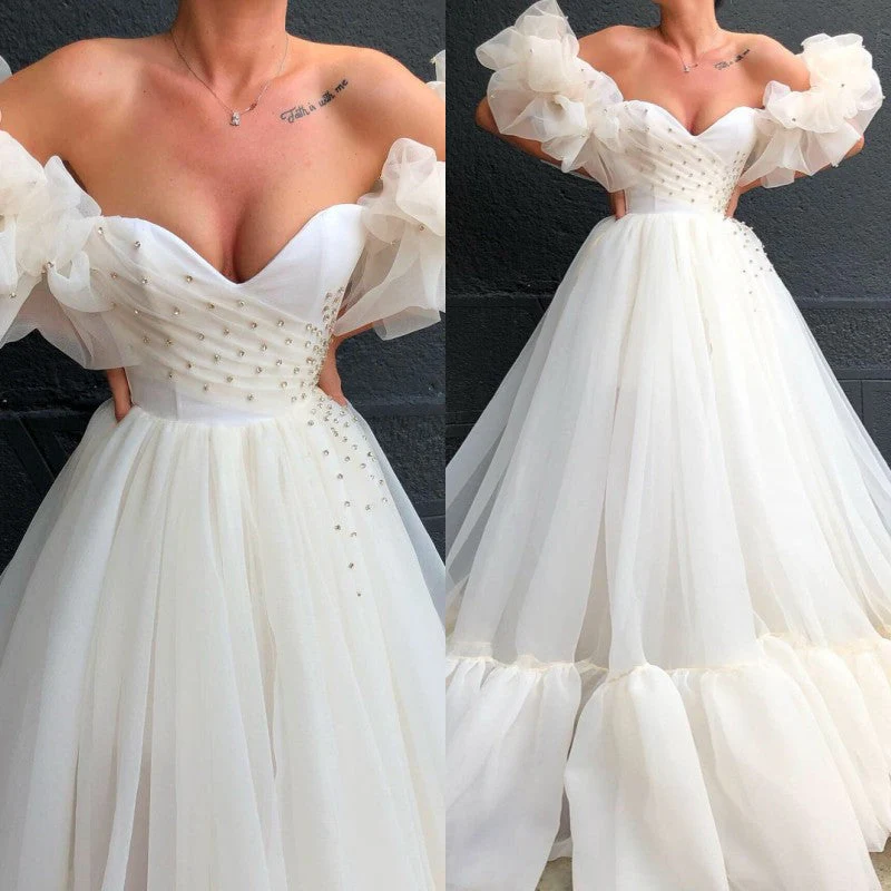 Off-the-Shoulder Bubble Sleeves Tulle Evening Gowns With Crystals - Image 3