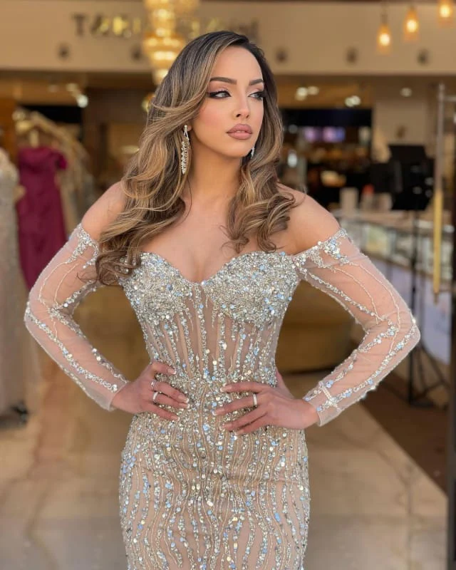 Off the shoulder Champange Long sleeves Sweetheart Sparkle Beaded Prom Dresses - Image 2