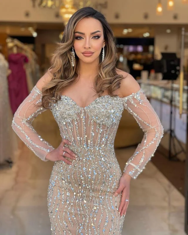 Off the shoulder Champange Long sleeves Sweetheart Sparkle Beaded Prom Dresses - Image 3