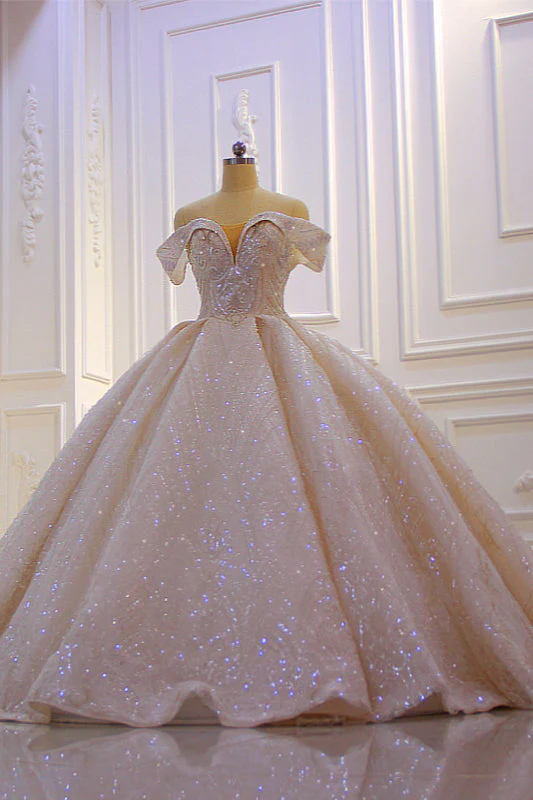 Off the shoulder Champange Puffy ball Gown Sparkle Wedding Dress - Image 2