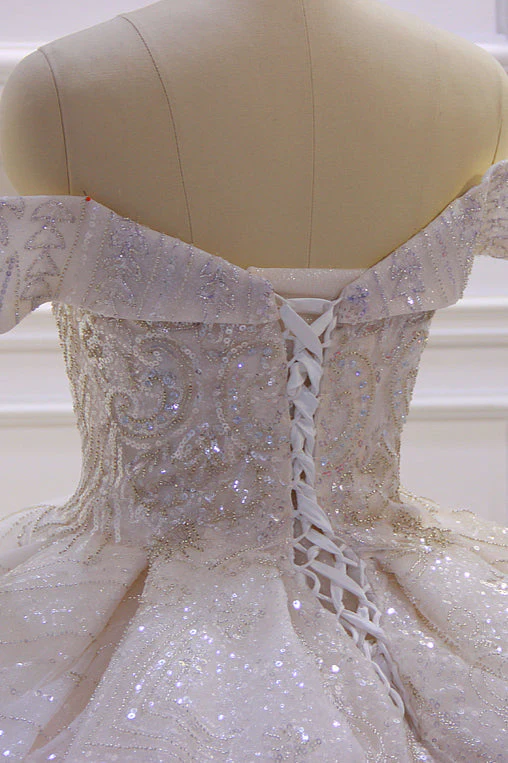 Off the shoulder Champange Puffy ball Gown Sparkle Wedding Dress - Image 3