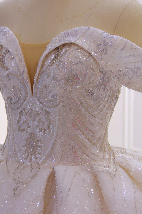 Off the shoulder Champange Puffy ball Gown Sparkle Wedding Dress - Image 4