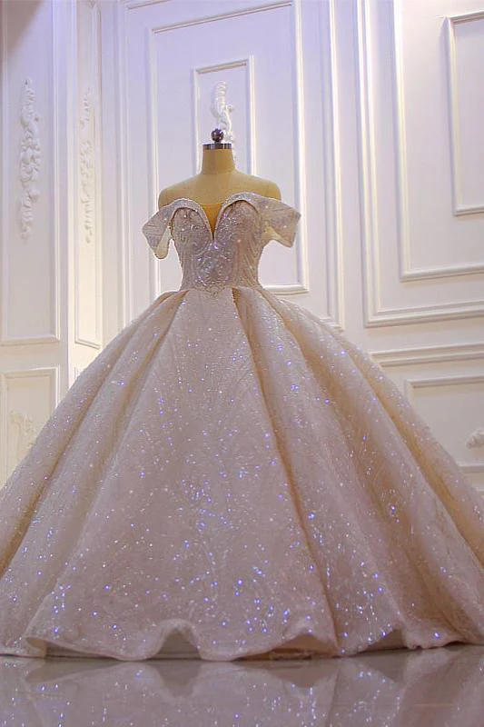 Off the shoulder Champange Puffy ball Gown Sparkle Wedding Dress - Image 5