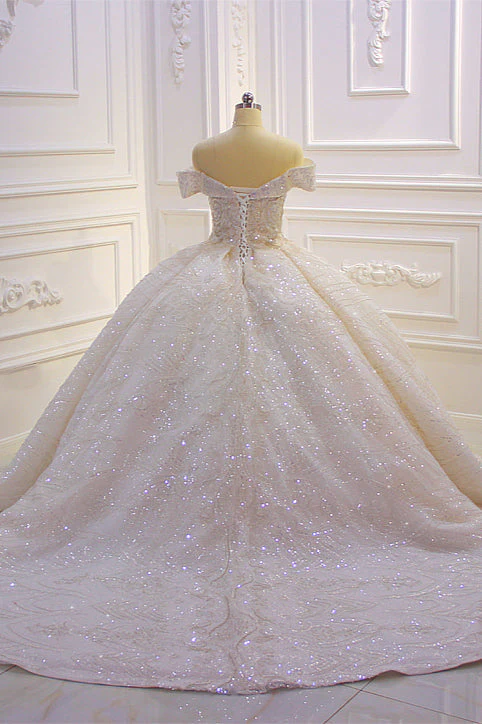 Off the shoulder Champange Puffy ball Gown Sparkle Wedding Dress - Image 6
