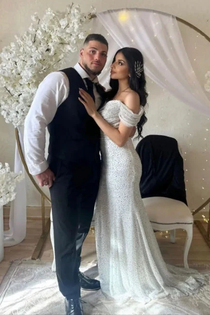 Off the Shoulder Chapel Sequined Floor Length Wedding Dresses - Image 3