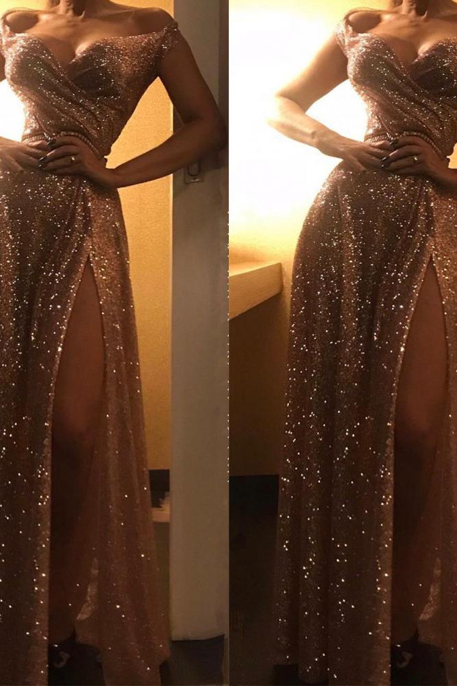 Off-the-Shoulder Charming Gold Sequins Evening Dresses Chic Side Slit Prom Dresses - Image 2