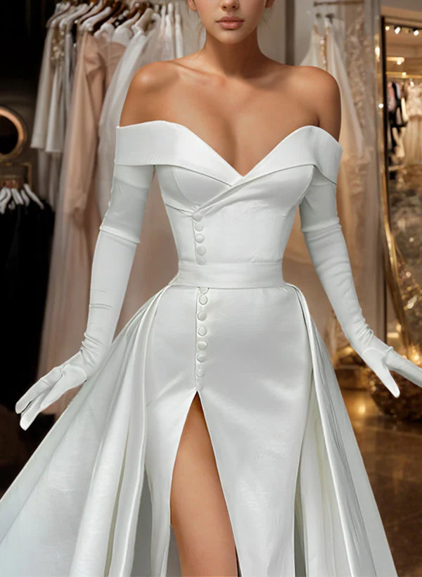 Off-The-Shoulder Court Train Satin Wedding Dresses Detachable Train - Image 3