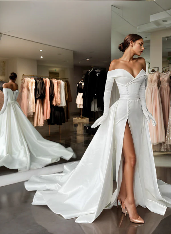 Off-The-Shoulder Court Train Satin Wedding Dresses Detachable Train - Image 5