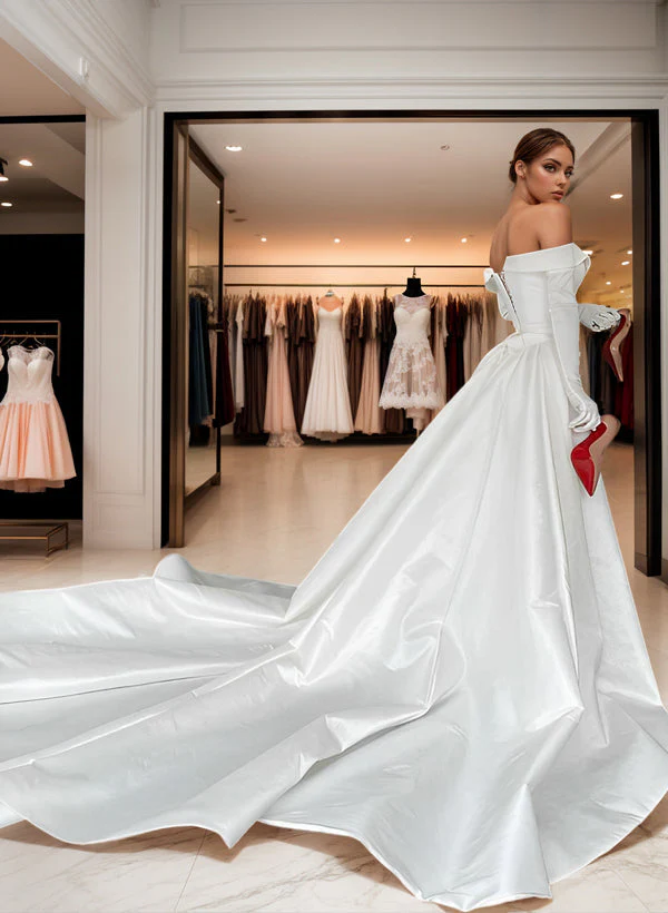 Off-The-Shoulder Court Train Satin Wedding Dresses Detachable Train - Image 6