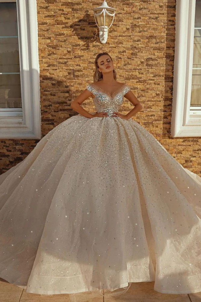 Off the Shoulder Crystal Princess Ball Gown Sequins Bridal Gowns - Image 4