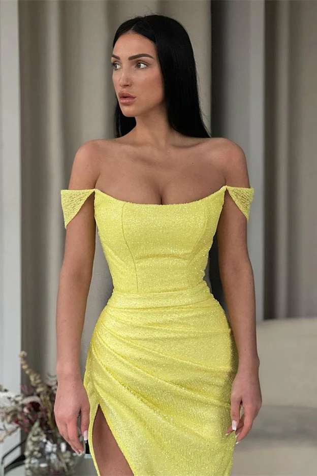 Off-the-Shoulder Daffodil Mermaid Prom Dress Sequins Long Split - Image 2