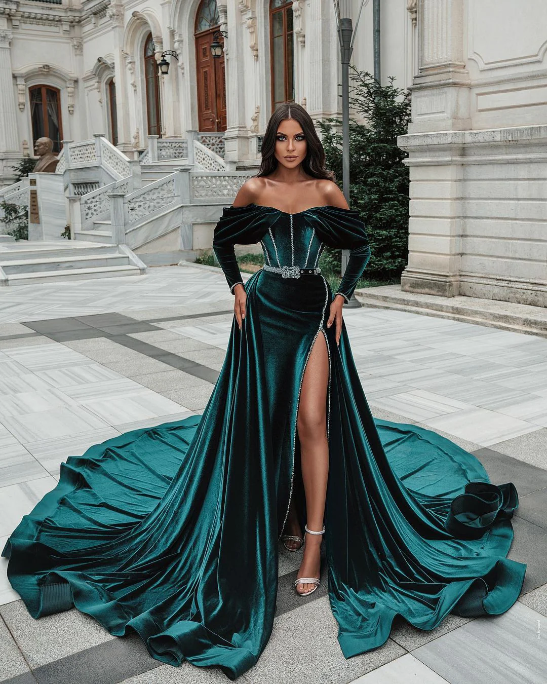 Off the shoulder Dark Green Velvet High split Prom Dress with detachable train - Image 5