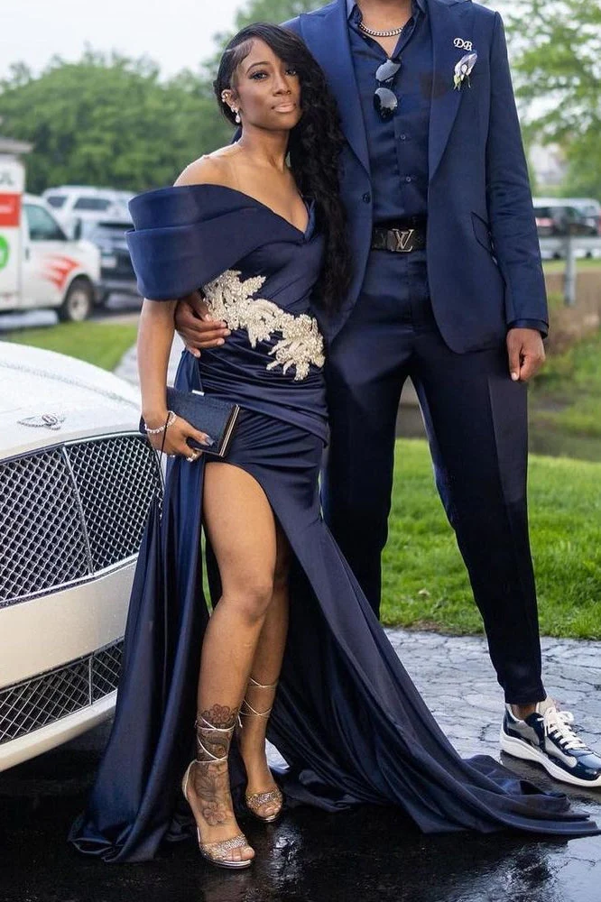 Off the shoulder Dark Navy Mermaid High Split Appliques Prom Dresses - Image 3