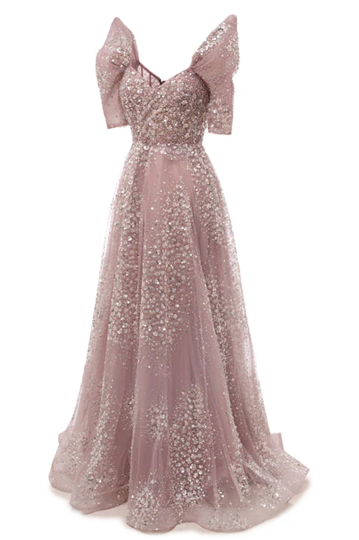 Off the shoulder Dusty Pink A-line Belt Evening Dresses - Image 4