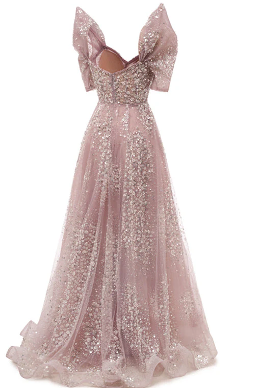 Off the shoulder Dusty Pink A-line Belt Evening Dresses - Image 5